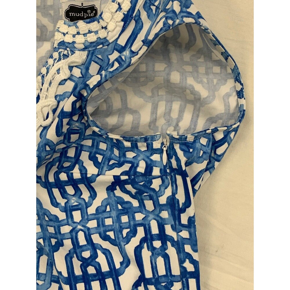 Mud Pie Kate Cotton Crochet Shift Dress Sz S Blue White Painterly Lattice Resort - Picture 13 of 15